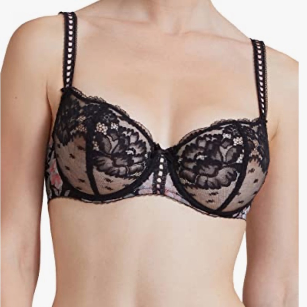 Aubade Magic Garden Half Cup Bra Size 32E Black Sheer Lace Underwire Floral Mesh